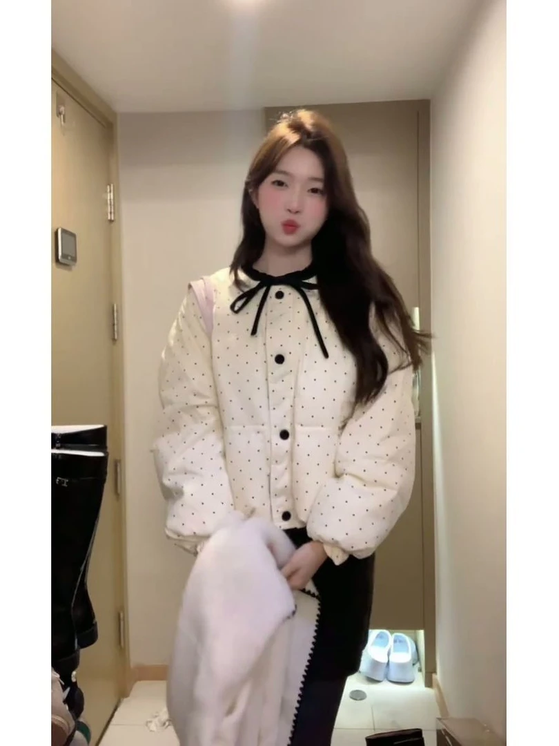 2025冬季新款韩系撞色蝴蝶结温柔波点保暖棉服外套女休闲面包棉衣