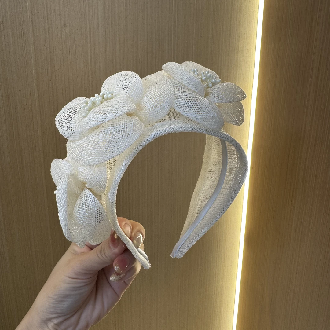 首仕 高定手工菲律宾麻纱发箍优雅法式复古花朵网纱半帽礼帽 6854