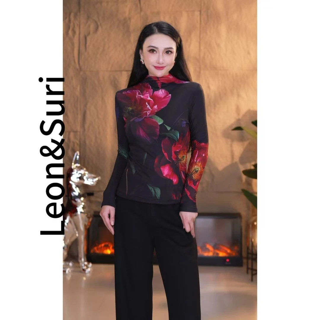 Leon&Suri “雾海絮语”新款修身印花长袖百搭上衣加绒网纱打底衫