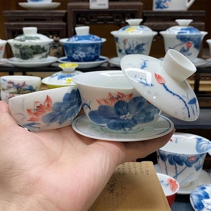 手绘荷花悬停盖碗150cc➕主人杯65cc釉下彩微瑕福利款