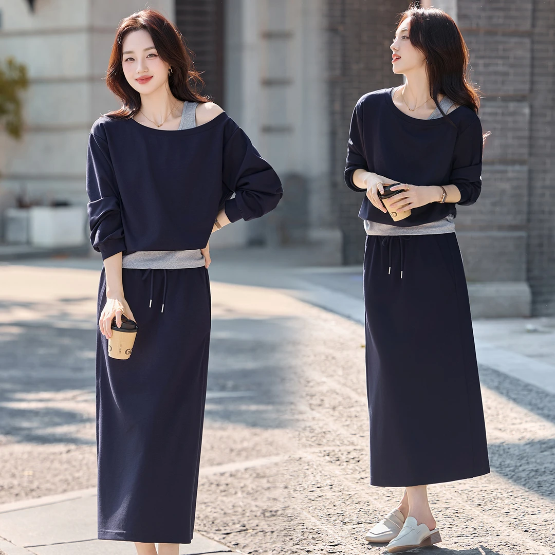 休闲时尚撞色拼接露肩套装女2025秋季爆款通勤风气质半身裙两件套
