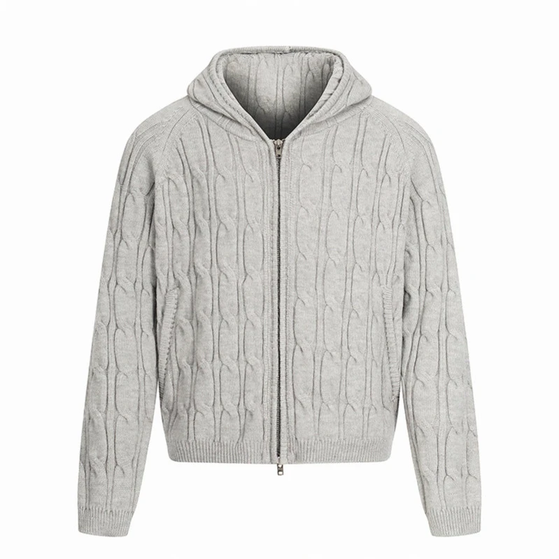 美式复古连帽开衫针织衫双拉链麻花毛衣外套男士秋冬学院风上衣潮