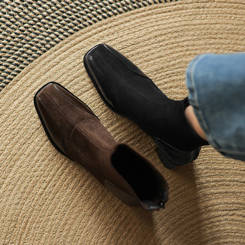 2025年新款拼接弹力绒面瘦瘦靴子方头粗跟袜靴41-43大码