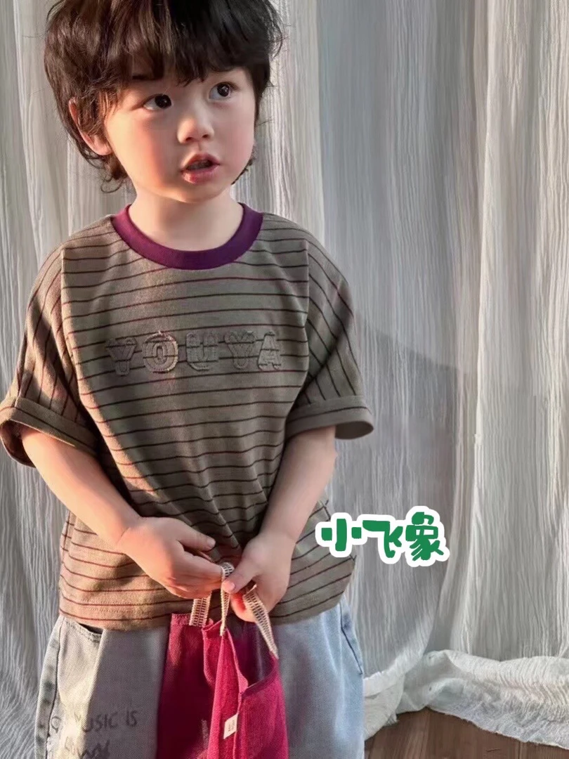 夏季男童T恤小童童装短袖运动风针织休闲条纹透气