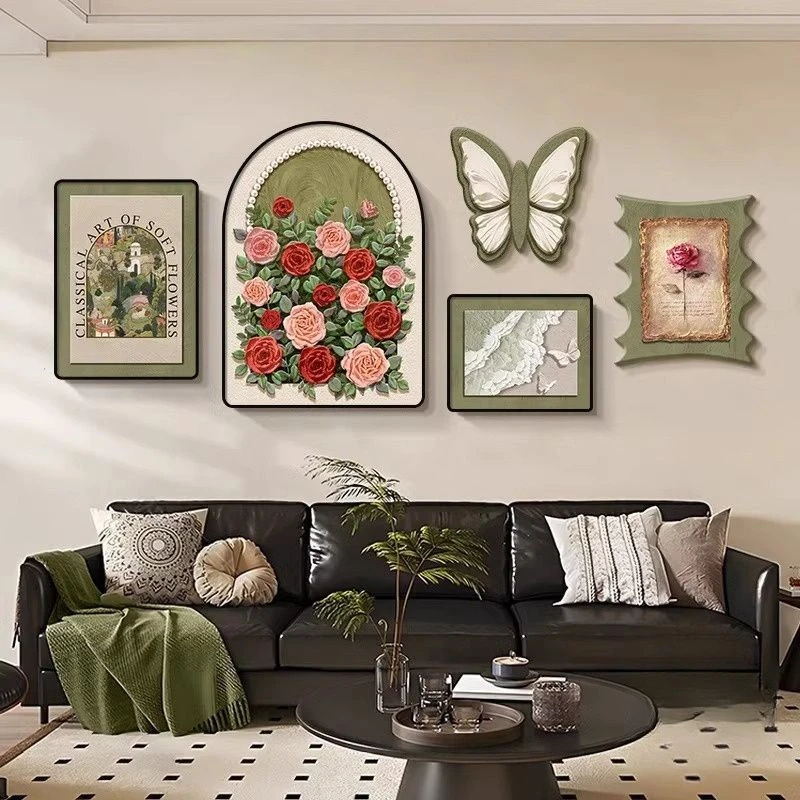 客厅装饰画蝴蝶玫瑰沙发背景墙壁法式复古组合挂画五联奶油风849