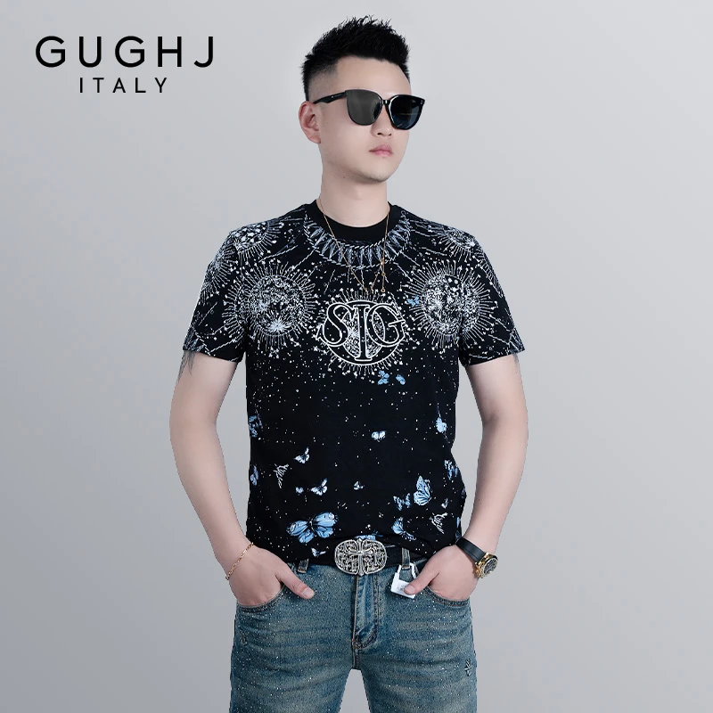 男士夏季新款欧货重工烫钻印花圆领短袖时尚休闲百搭个性修身半袖