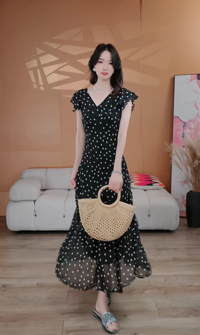 【何柳柳】夏季新款双长设计波点连衣裙两个长度
