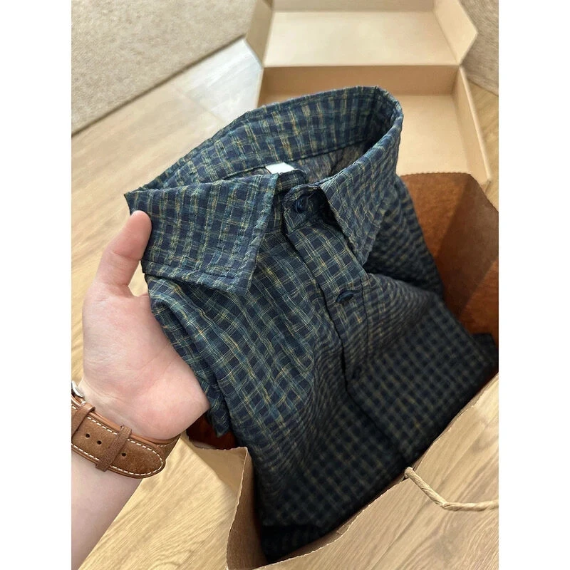 蓝色肌理感泡泡纱衬衫男夏薄款美式 vintage格纹衬衣长袖叠穿外套