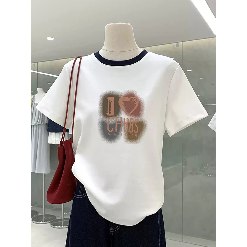 正肩纯棉短袖t恤女2025新款韩版时尚洋气白色插色上衣打底衫夏季