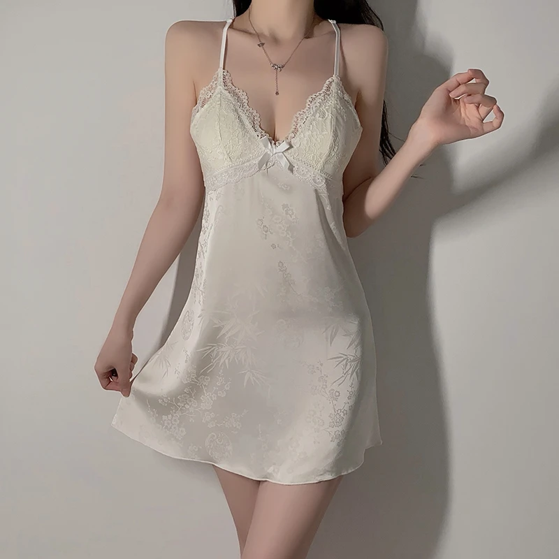 【稚小桃】中式提花拼接蕾丝镂空性感睡衣加胸垫吊带睡裙家居服女士