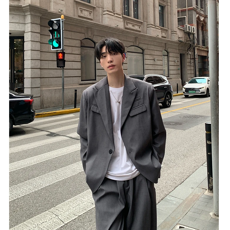 韩版西装外套男士宽松休闲春秋季痞帅气西服高级感垫肩灰色西服