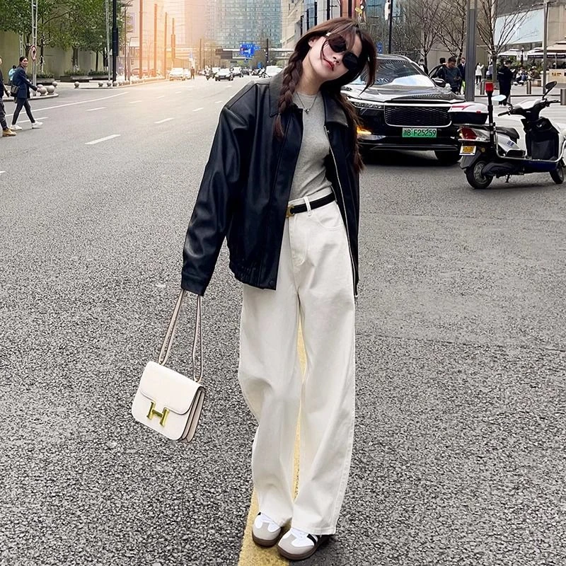 白色阔腿牛仔裤女2025夏季新款小个子窄版高腰直筒宽松拖地裤