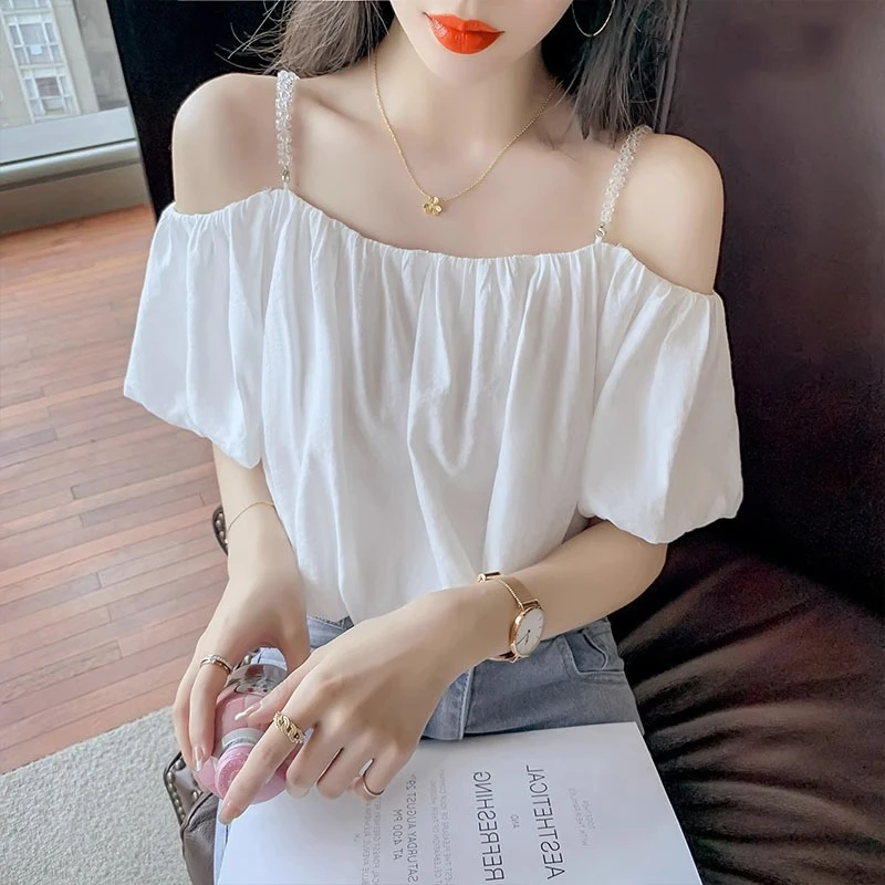 法式高端白色露肩雪纺衫女2025夏季新款高级感洋气一字肩短袖上衣