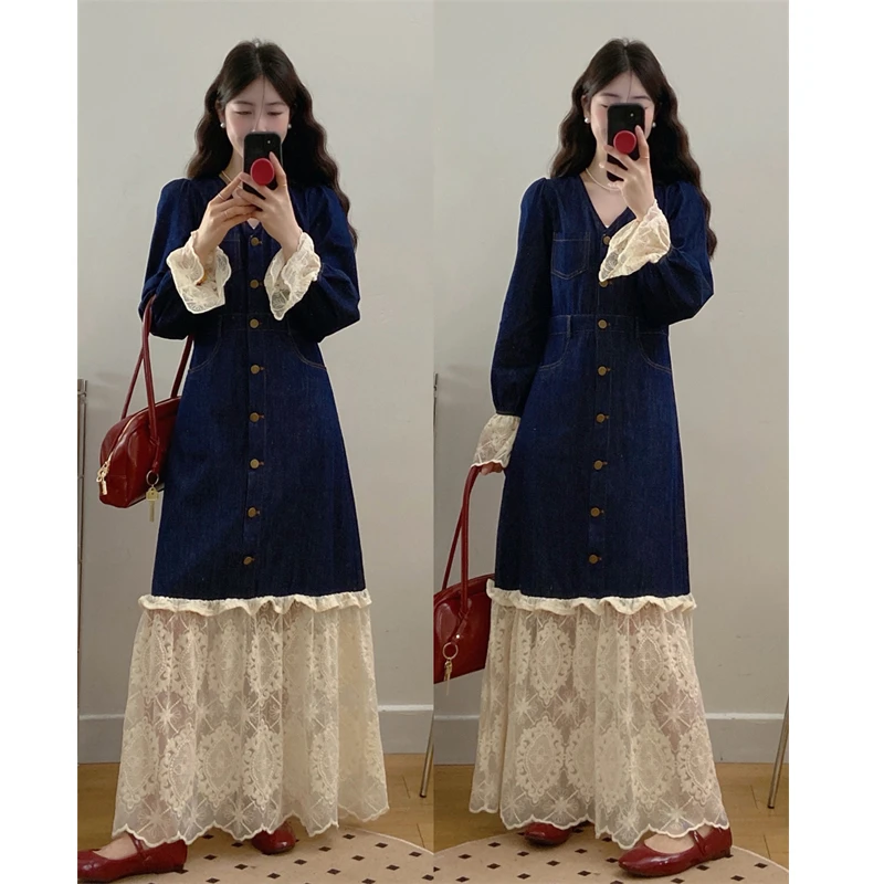 大码秋季新款法式复古牛仔气质收腰长袖蕾丝拼接泡泡袖连衣裙长裙