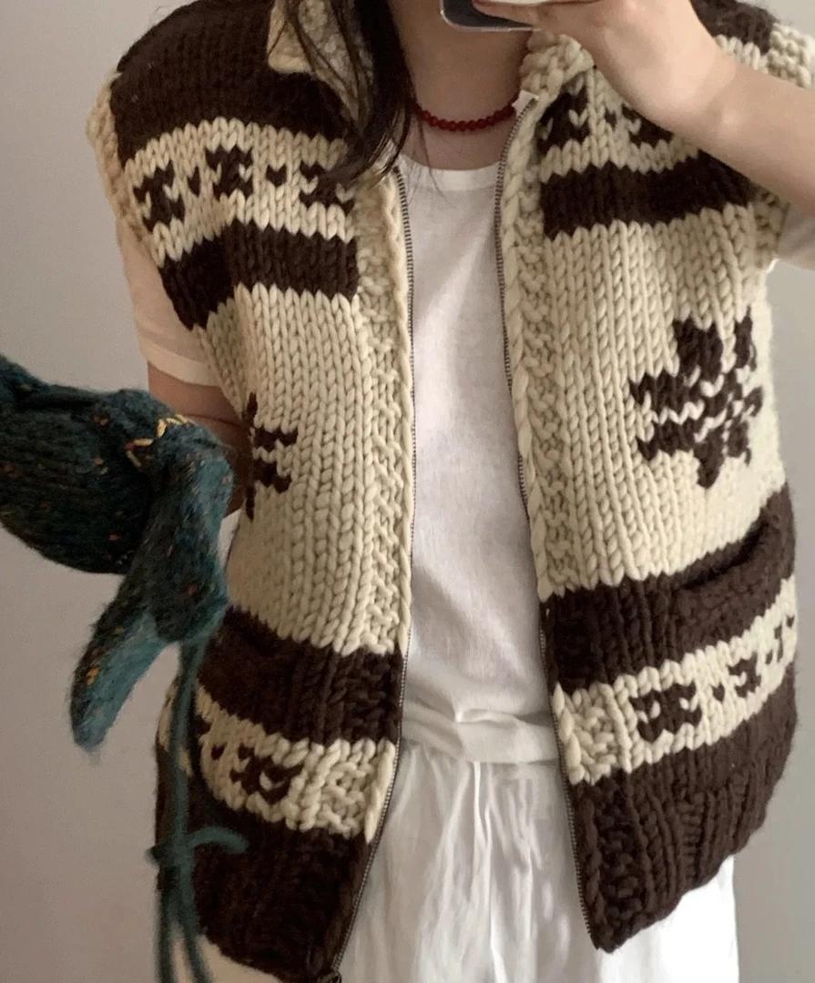 Danniel自制 棕色小鹿羊毛手编针织开衫马甲毛衣