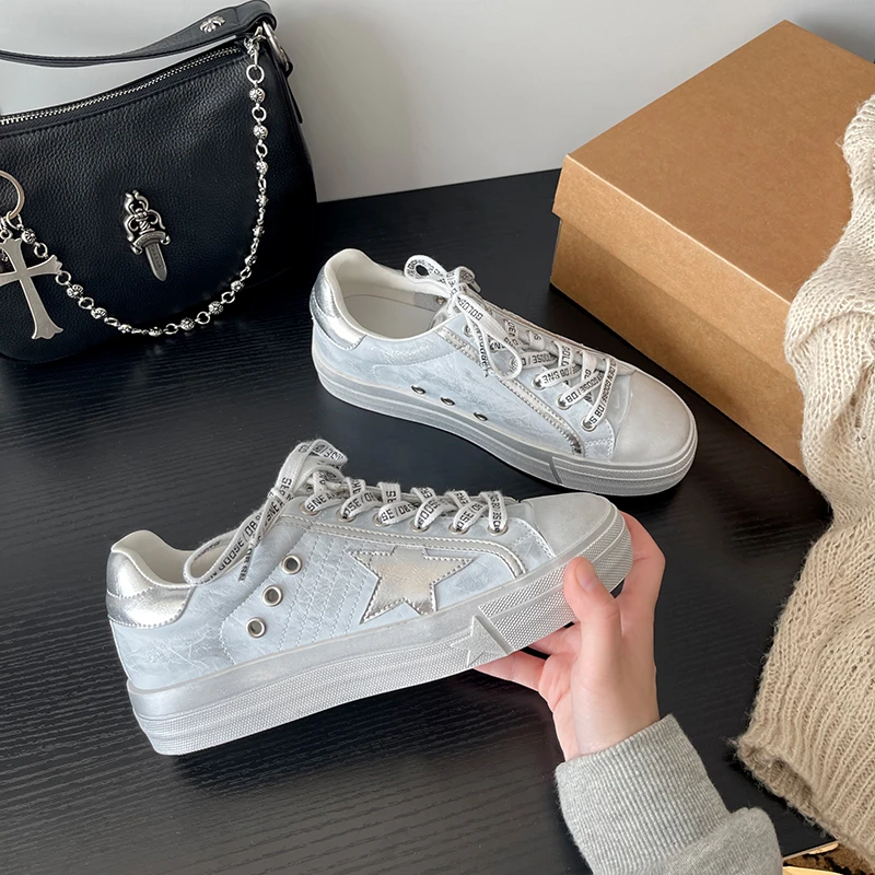 韩版做旧星星鞋新款休闲真皮小脏鞋复古百搭厚底板鞋女CQ-W8950