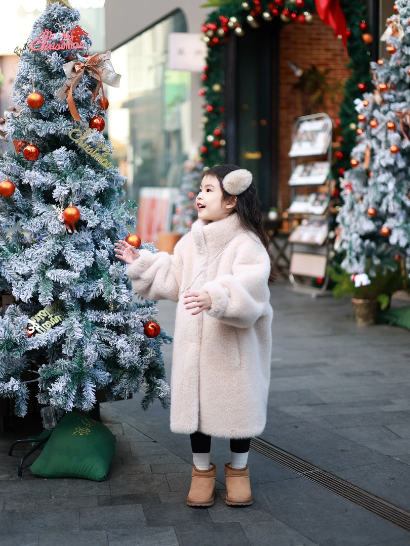 3【BA黎-001】2024冬季新款女童时髦美拉德皮毛一体毛绒加厚大衣