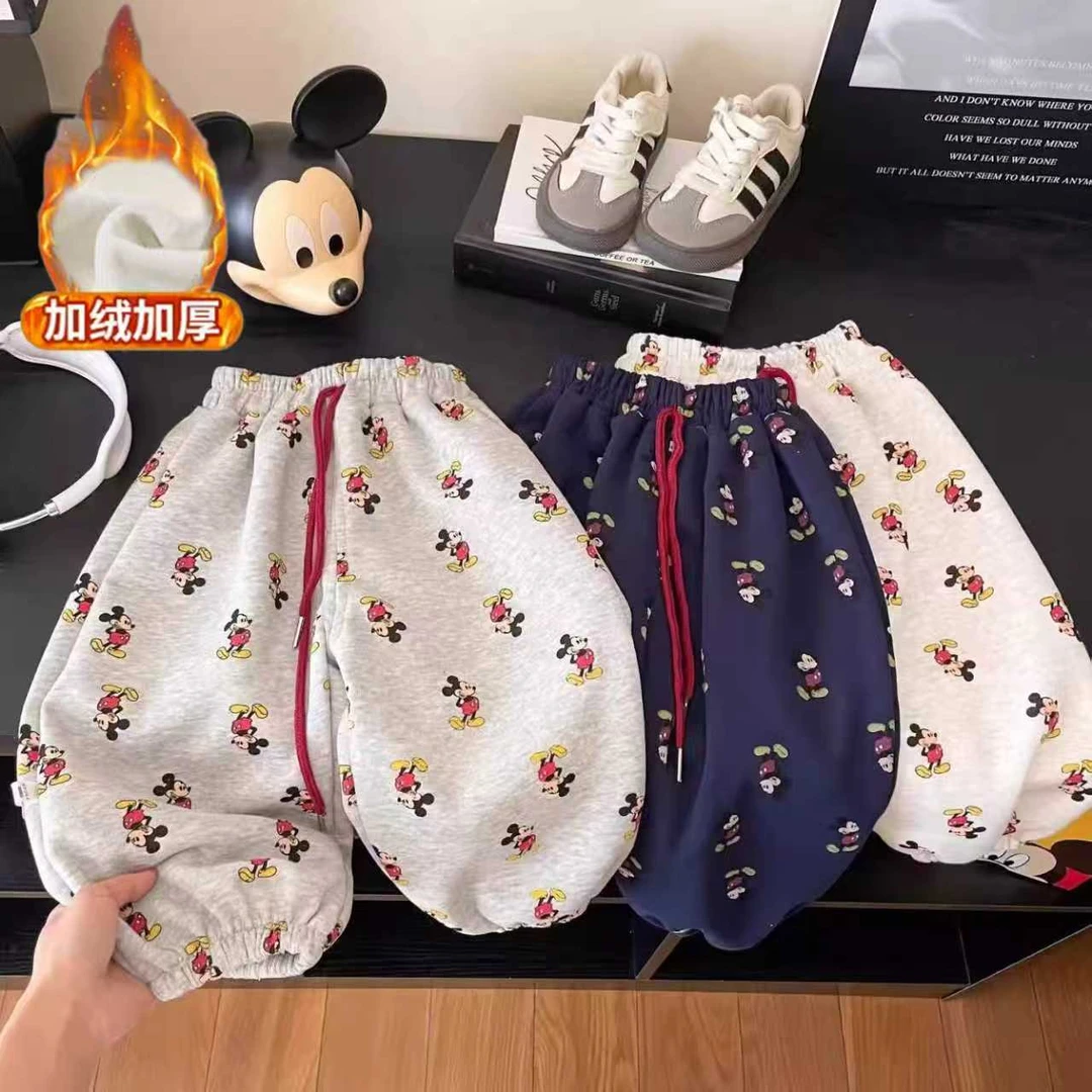 男童女童加绒韩版卫裤儿童洋气休闲运动卡通涂鸦满印百搭束脚裤子