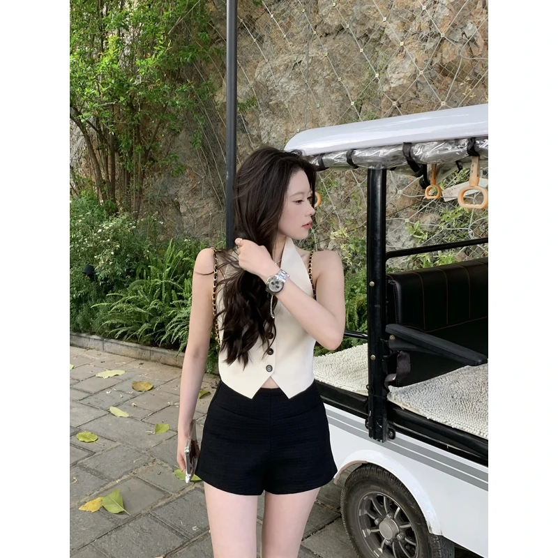 Halonini 百搭选手 气质黑色小香风粗花呢显瘦高腰休闲a字短裤