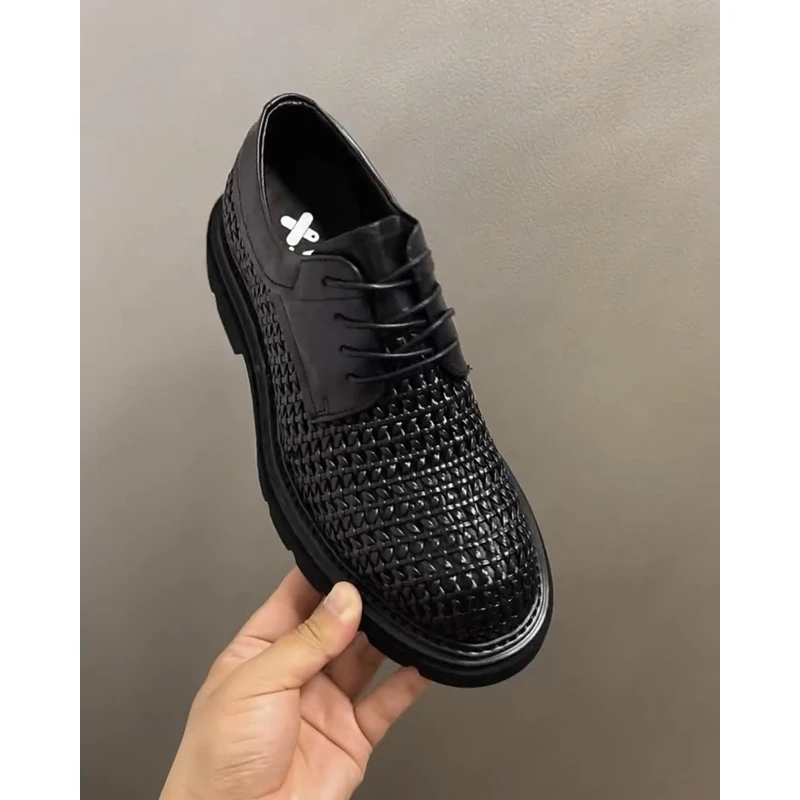 广州男士潮流时尚编织鞋厚底皮鞋英伦风系带商务休闲百搭男鞋9805