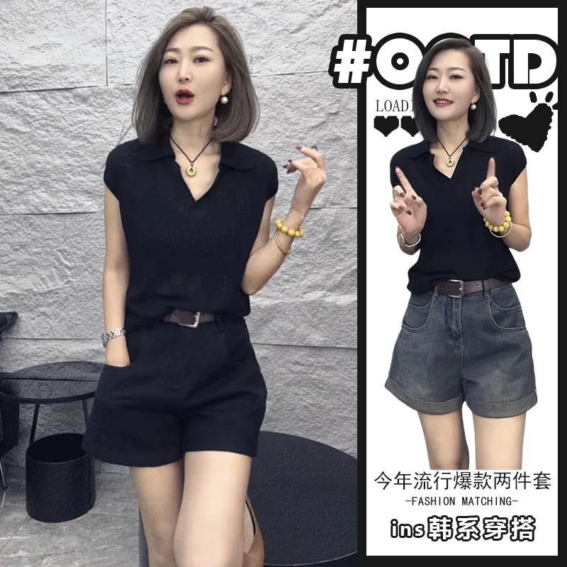 韩版气质黑色短袖上衣搭配高腰遮胯休闲短裤港味别致百搭两件套潮