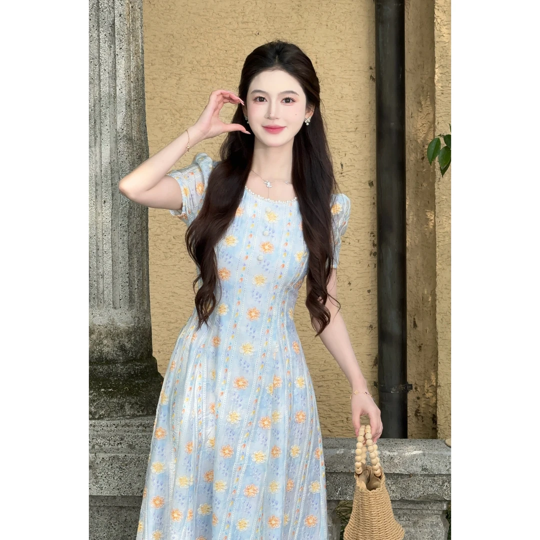 LILI李李家【夏日漫花】法式a字裙夏莱赛尔天丝绣花连衣裙XMZH7009