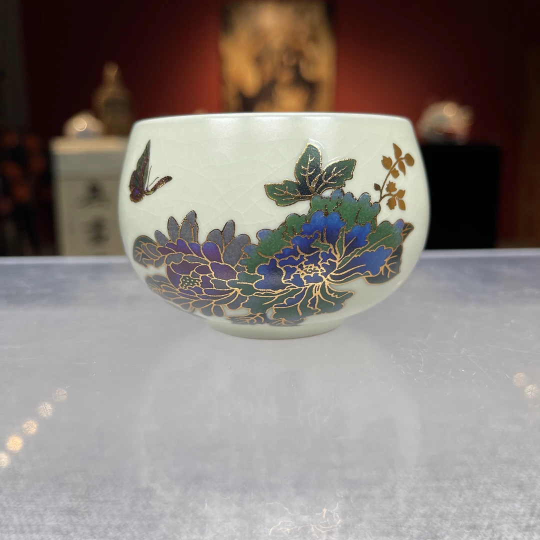 怡山堂汝窑变色蝶恋花牡丹禅定主人杯564