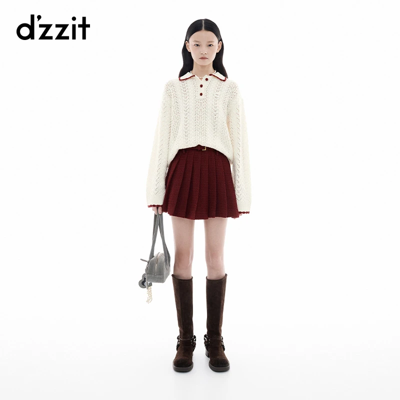 dzzit地素针织衫25春新款少女风撞色镂空翻领长袖上衣女3J1E405