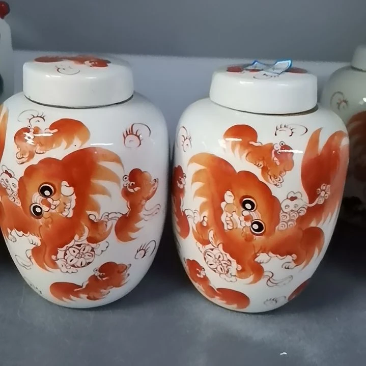 壶用****7红狮子茶叶罐一对