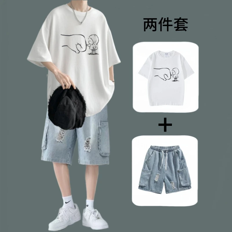 纯棉短袖男套装夏季潮牌T恤男重磅圆领t恤搭配破洞牛仔短裤两件套