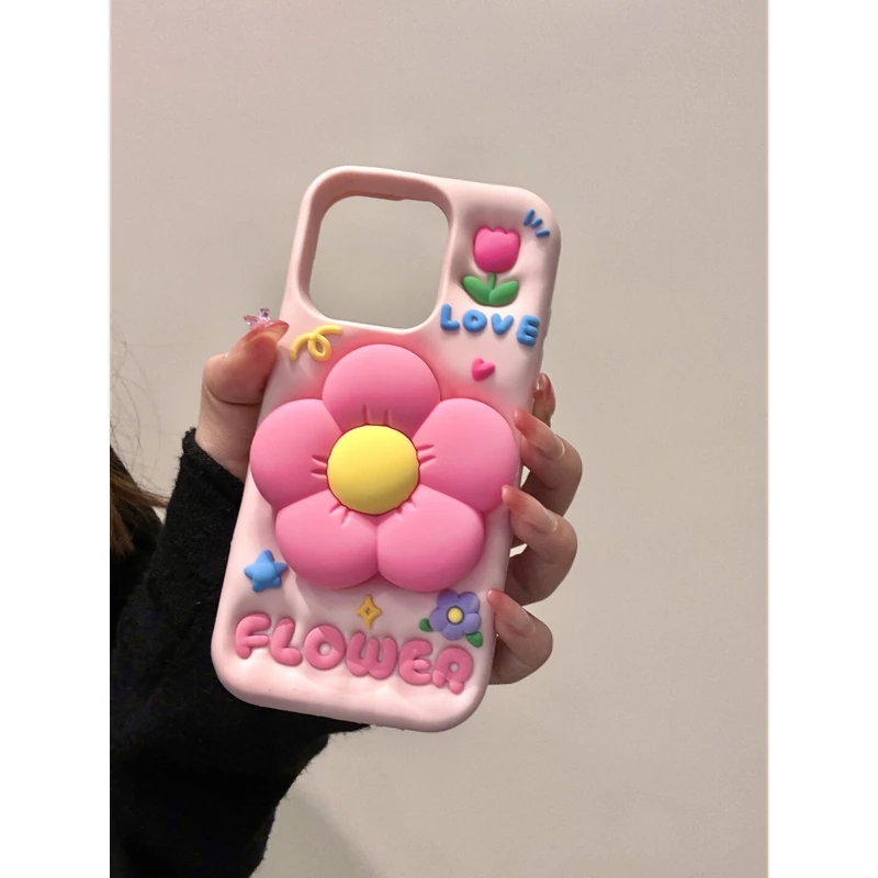少女心粉色立体花朵支架适用iphone15promax苹果16手机壳14新款女