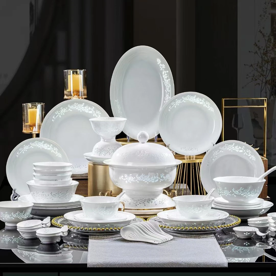 58 头白玉玲珑凤凰餐具套装家用新中式手工高级 盘碟套装乔迁送礼