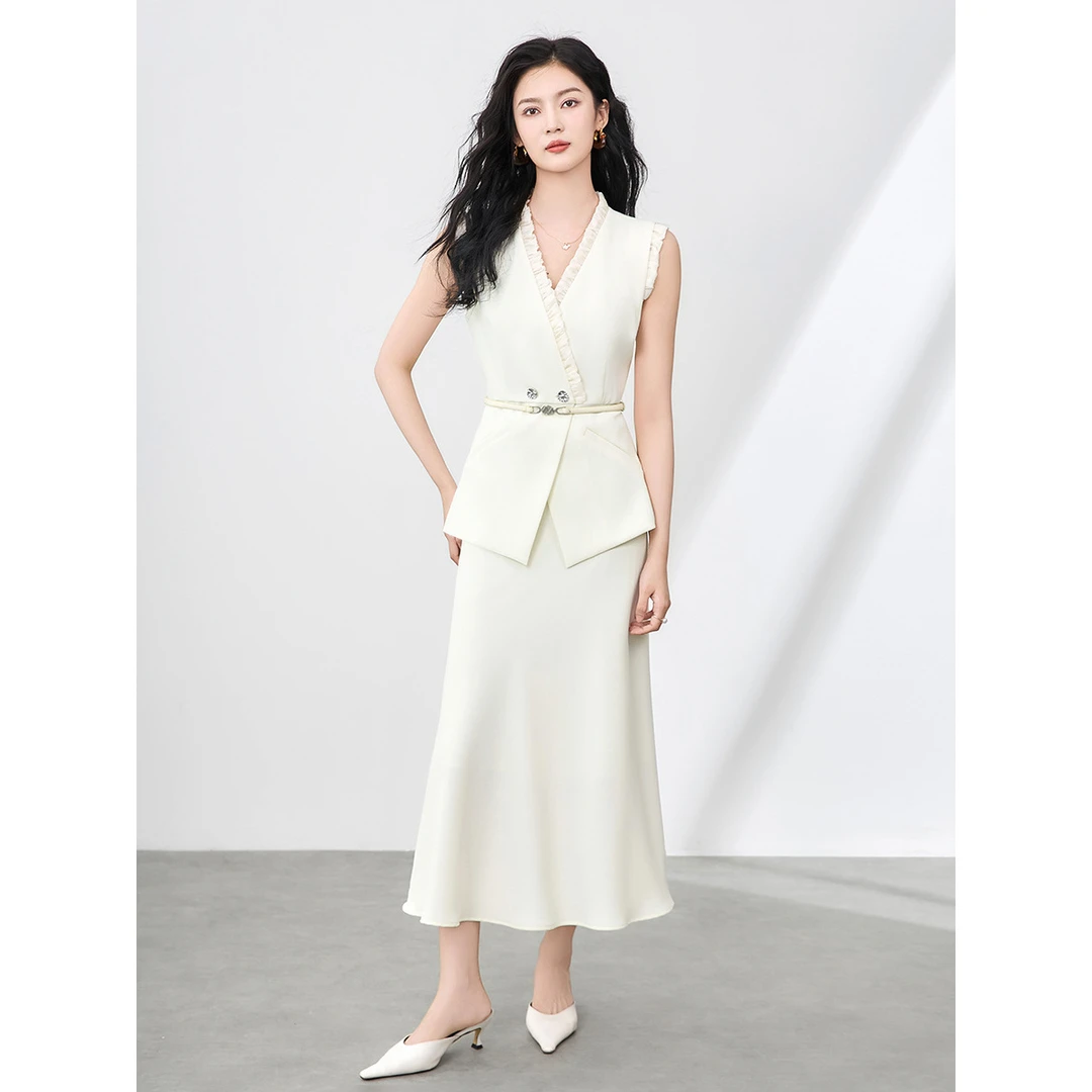-名媛气质木耳边无袖西装马甲+高级感休闲半身裙套装南油