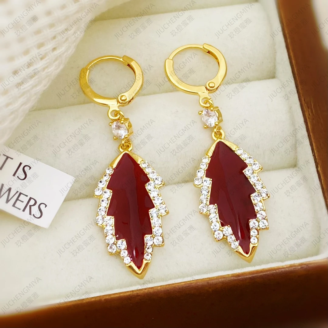 铜合金合成锆石耳饰 胭脂海棠KL562复古百搭金枝玉叶新年喜庆耳环