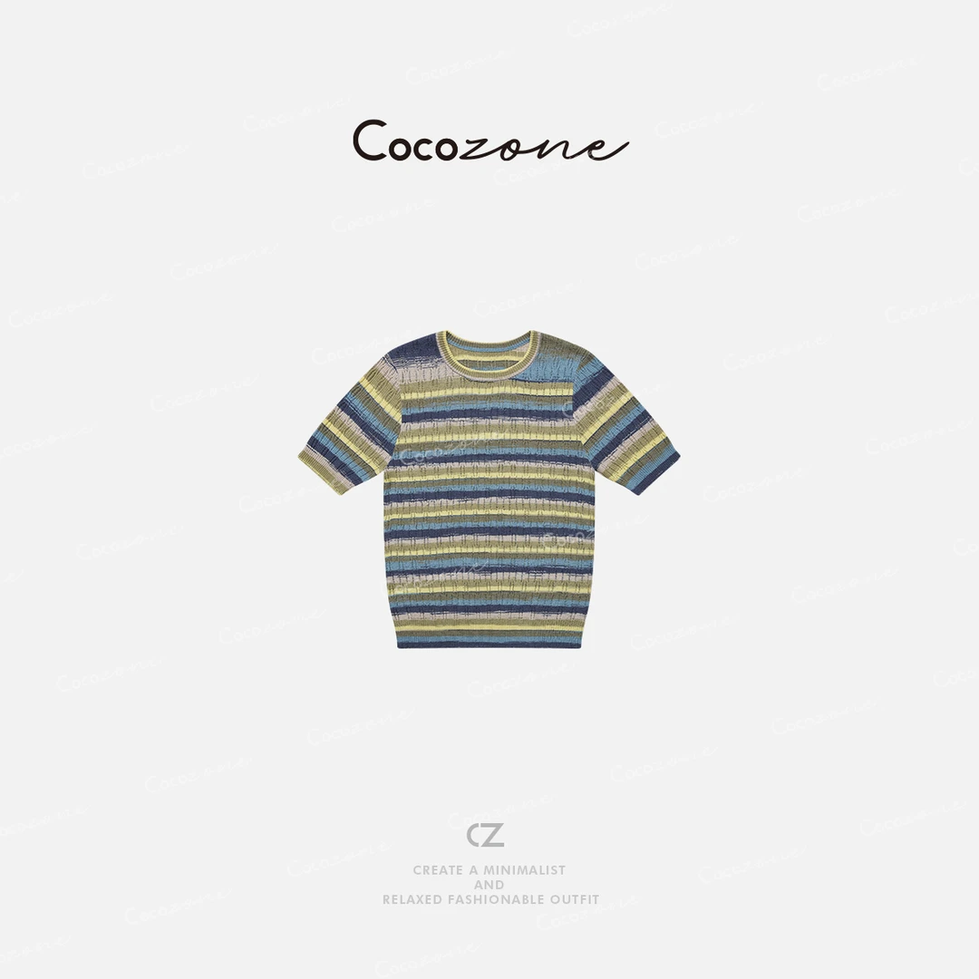 COCO ZONE 刘一一艺术风圆领撞色显瘦简约女式条纹T恤 ACD1A0552