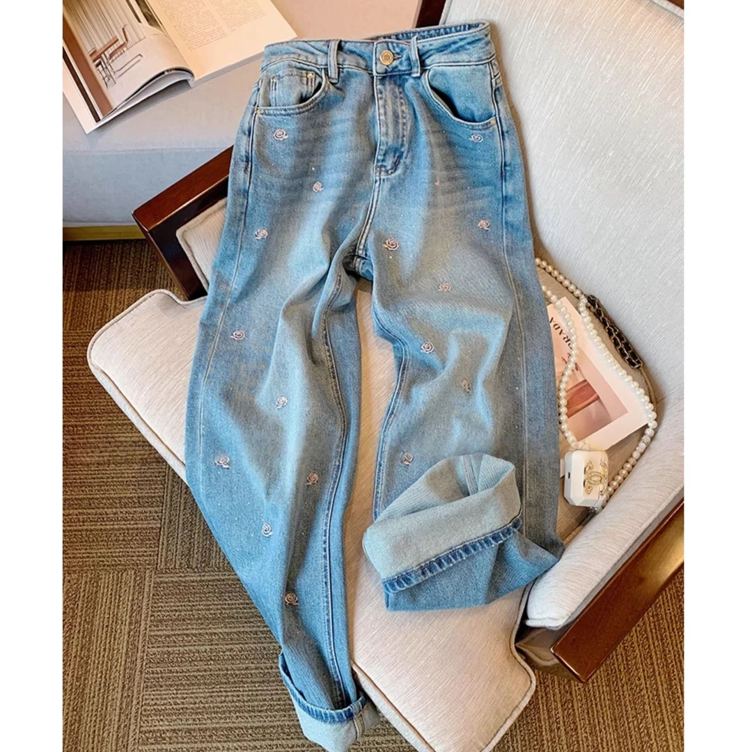 洋气衣服女春夏重工玫瑰刺绣烫钻高腰显瘦直筒牛仔裤时尚百搭长裤