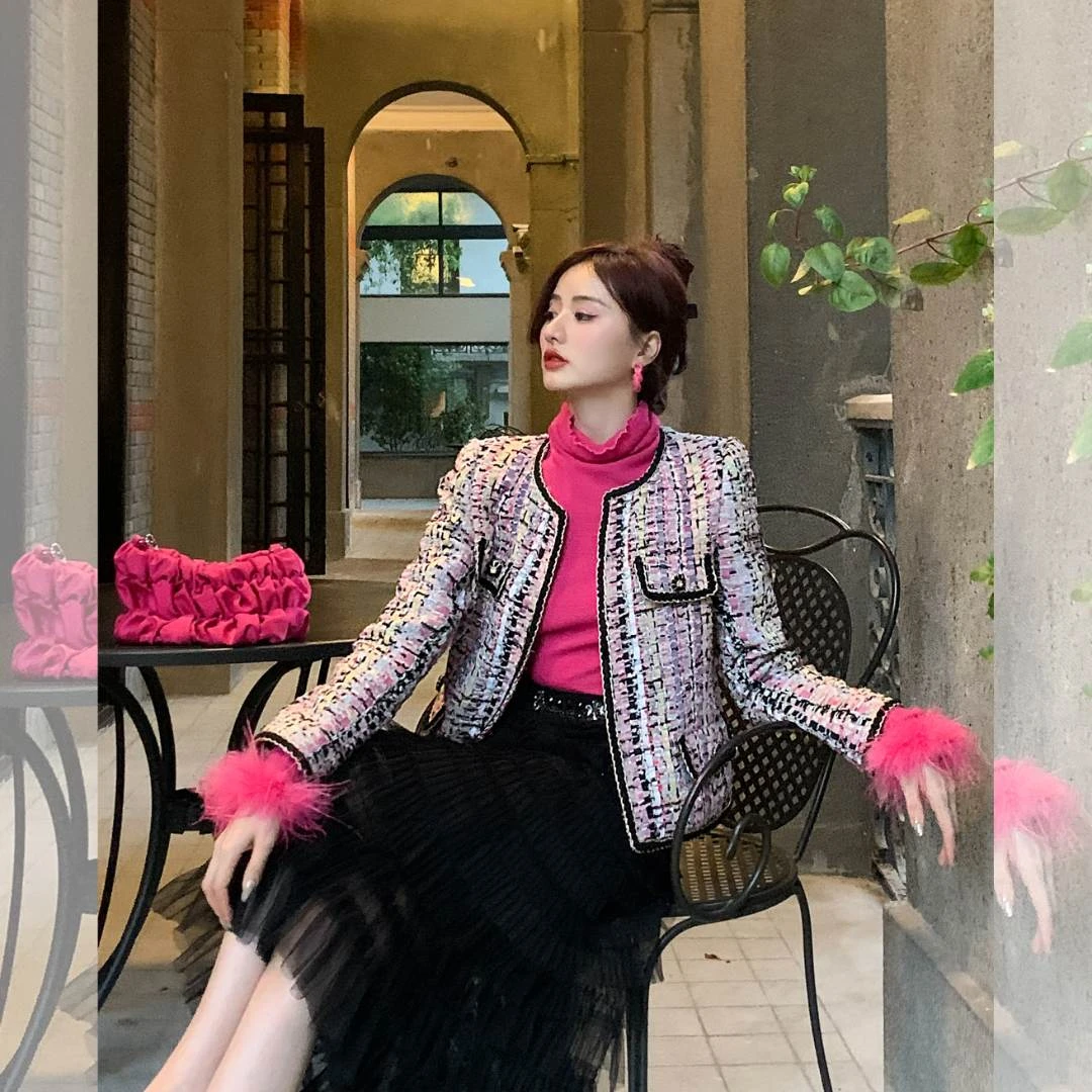 余潇潇【梦幻泡泡】炫彩编织格纹名媛小香外套