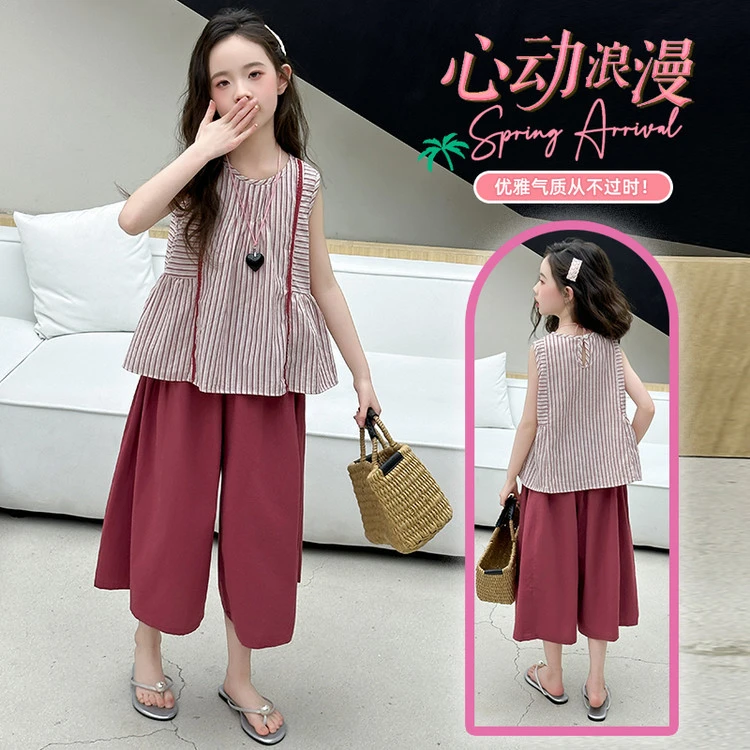 母女装 女童亲子同款25年夏季新品条纹上衣套装阔腿休闲时尚洋气