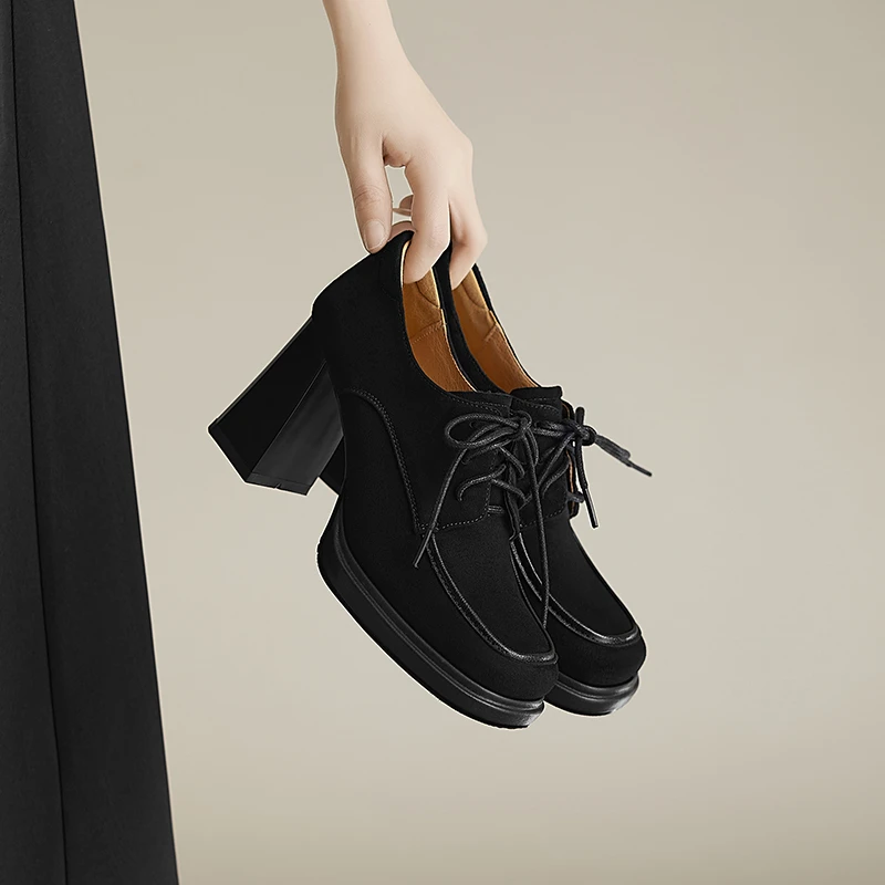 小个子手工女鞋8.4cm~英伦风系带高跟鞋粗跟方头防水台深口小皮鞋