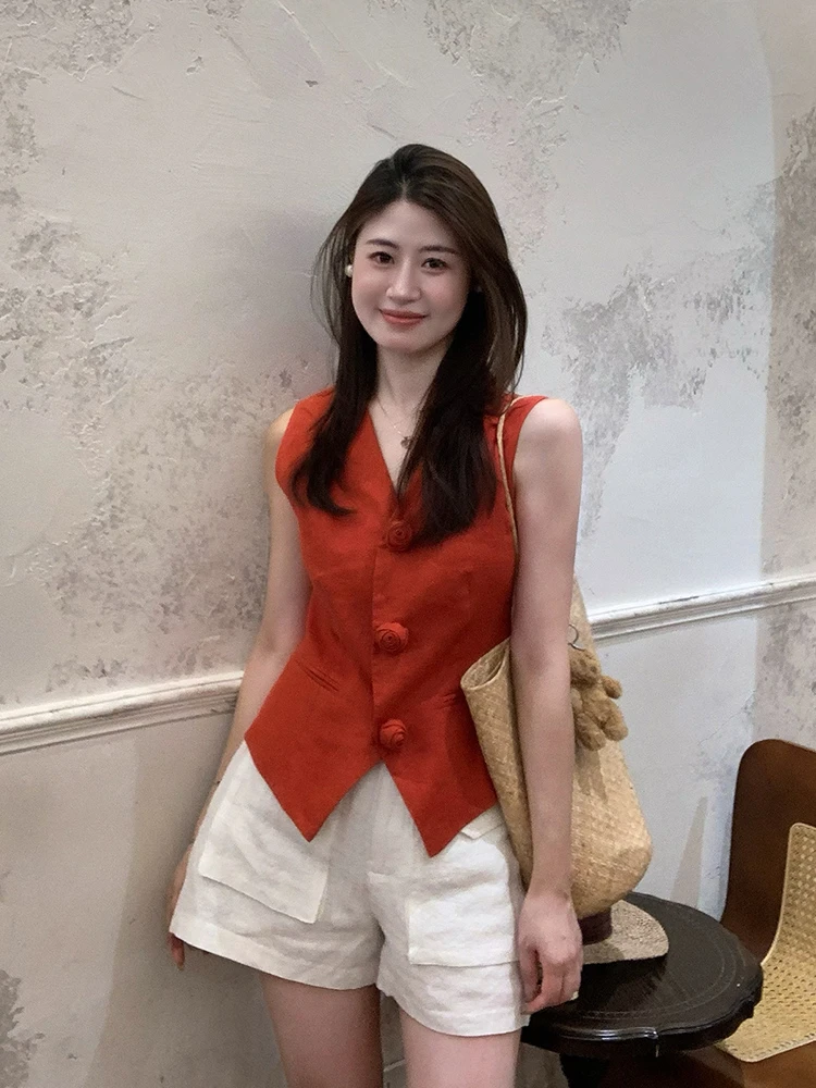 2025超火夏装一整套小个子高级感炸街减龄洋气红色亚麻衬衫套装裤