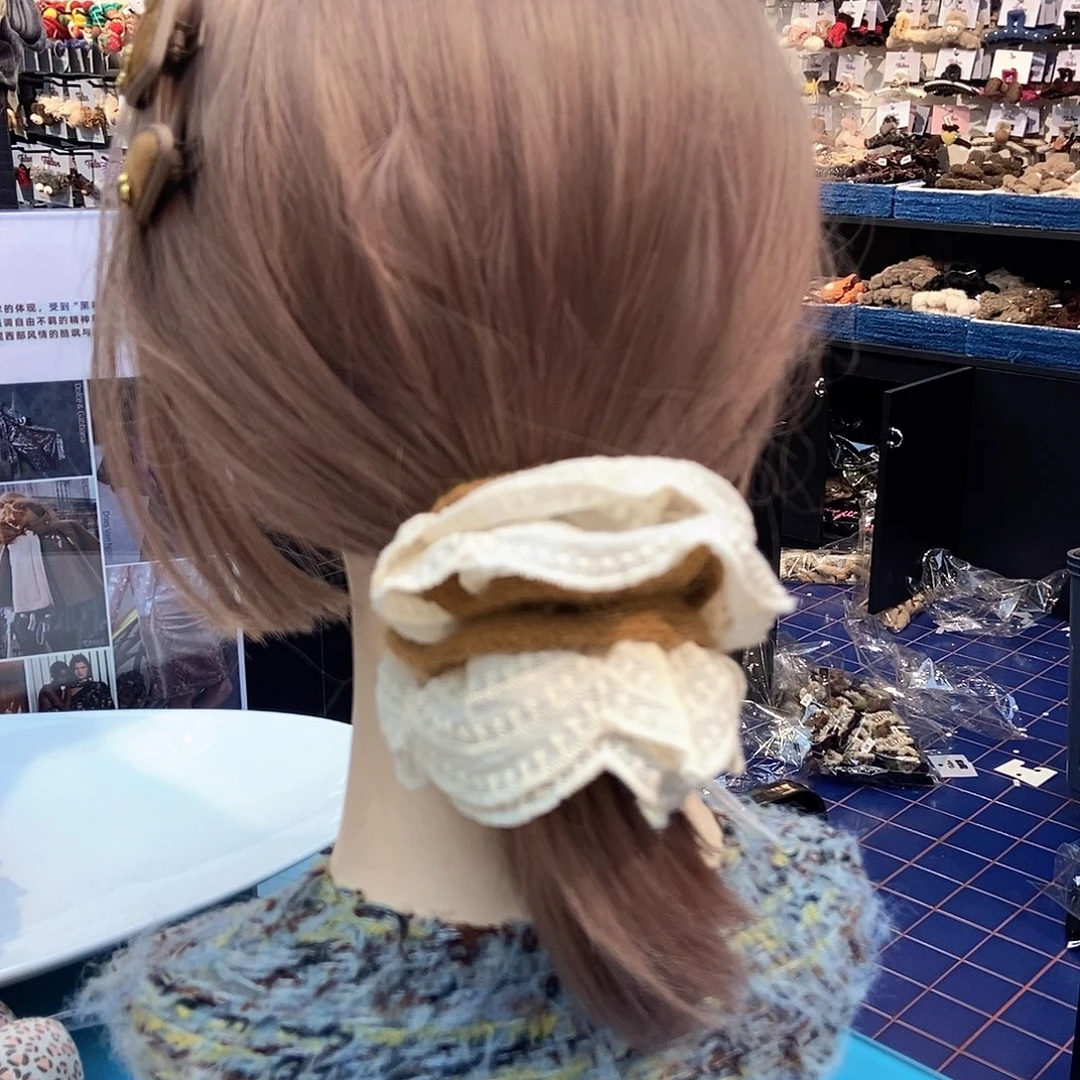 布艺铁合金枫叶黄蕾丝发圈爆款