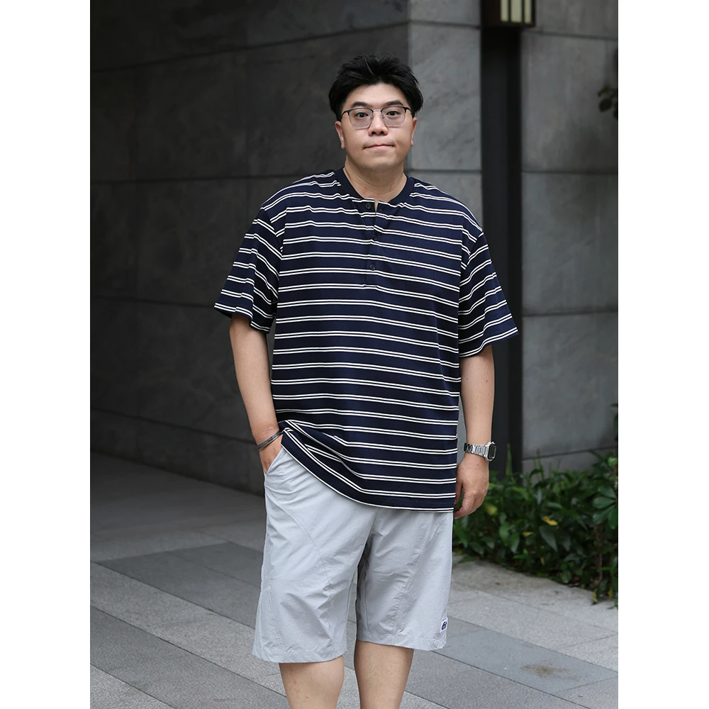 路人社 度假风亨利领短袖T恤男条纹上衣夏季弹力半袖大码男装显瘦