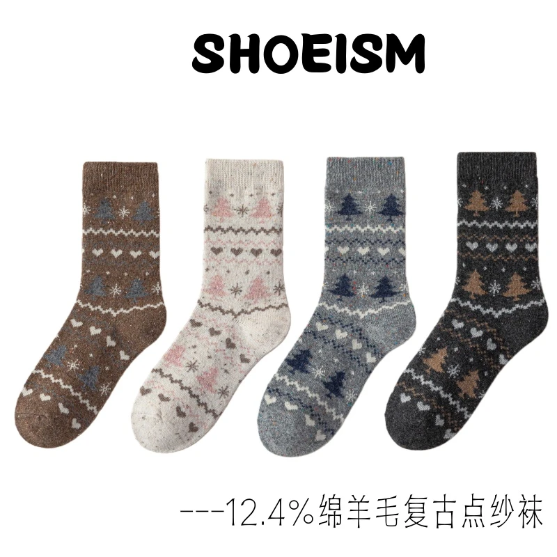 秋冬羊毛袜复古女袜保暖中筒厚款透气森系动物中筒袜可爱风卡通