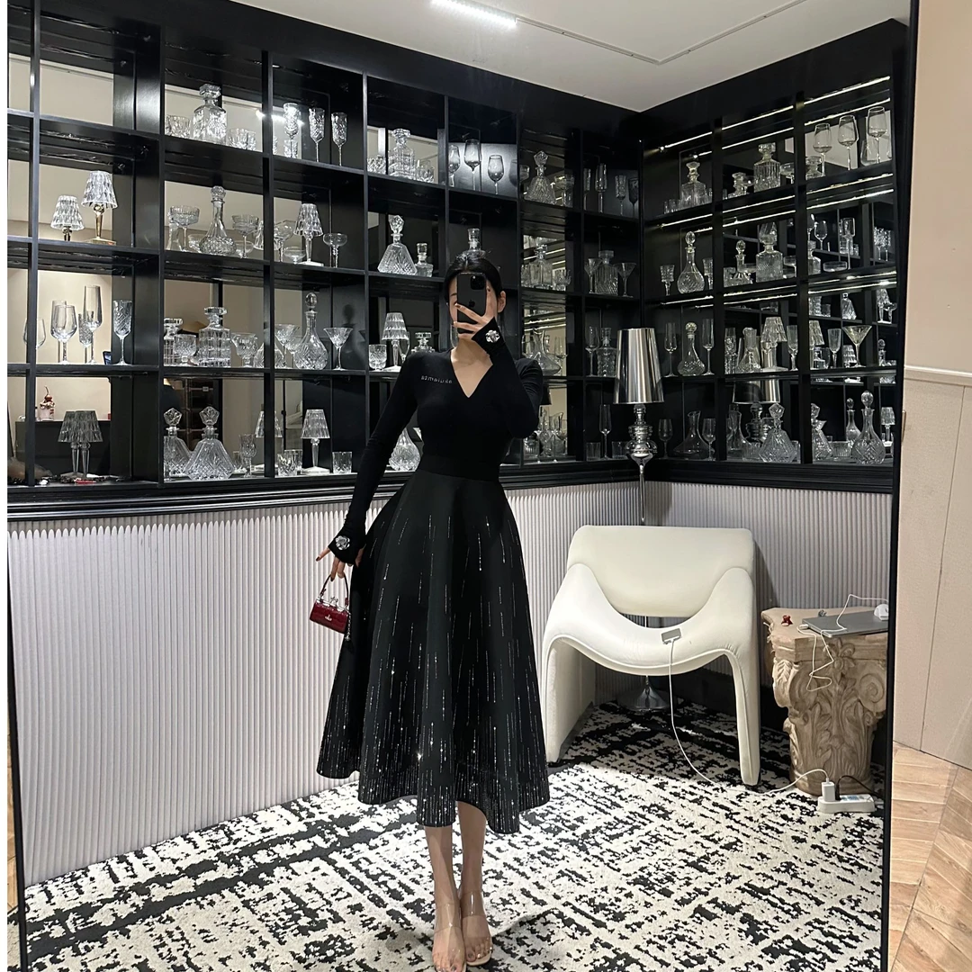 【akula流星裙套装】冬季限定经典百搭烫钻长袖上衣流星长裙两件套