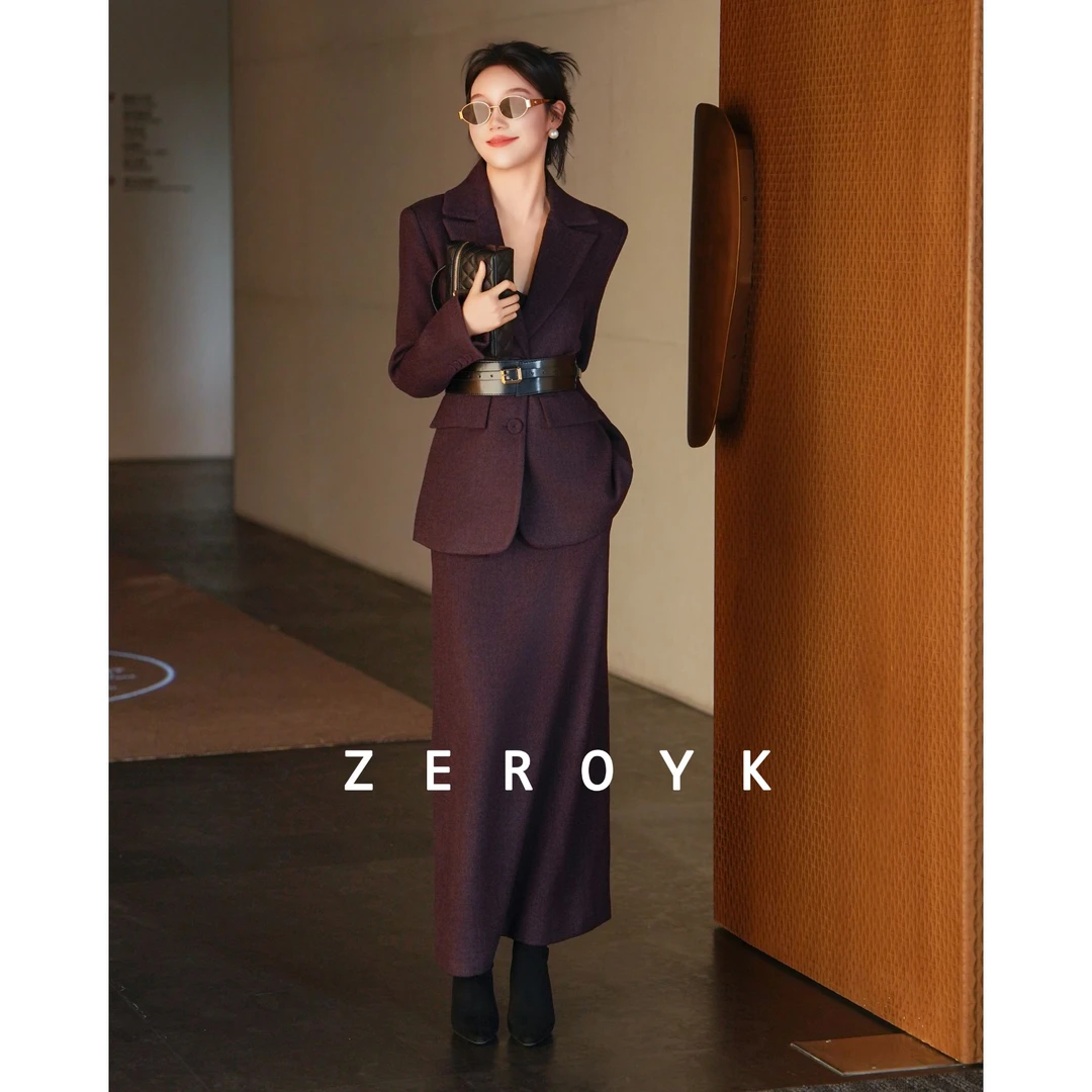 ZEROYK 翎蔻高端女装2025秋冬新款气质西服外套配腰带长裙三件套