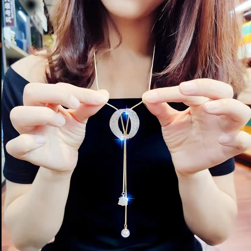 合金仿珍珠项链 合金个性网红毛衣链女高级感项链长款时尚百搭锆