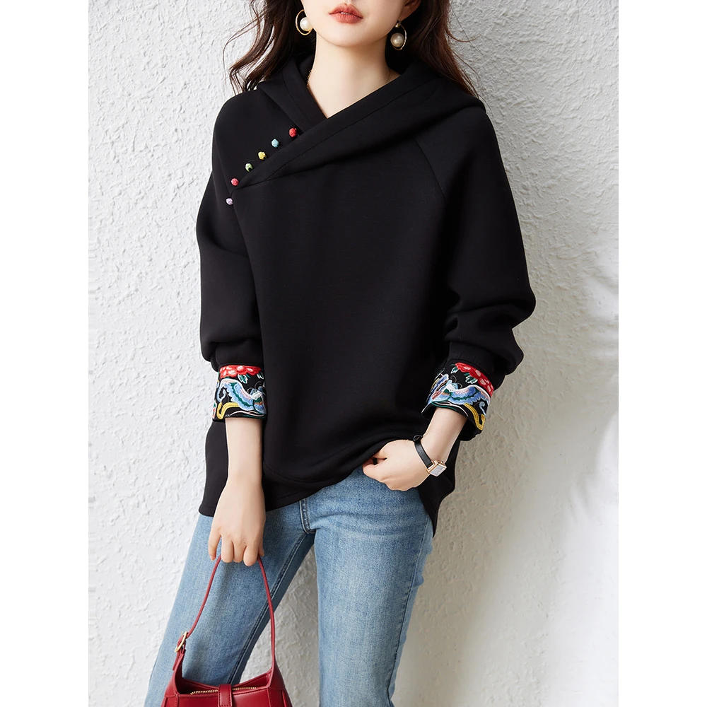 国风袖口印花时尚黑色卫衣女2025秋冬新款宽松百搭上衣