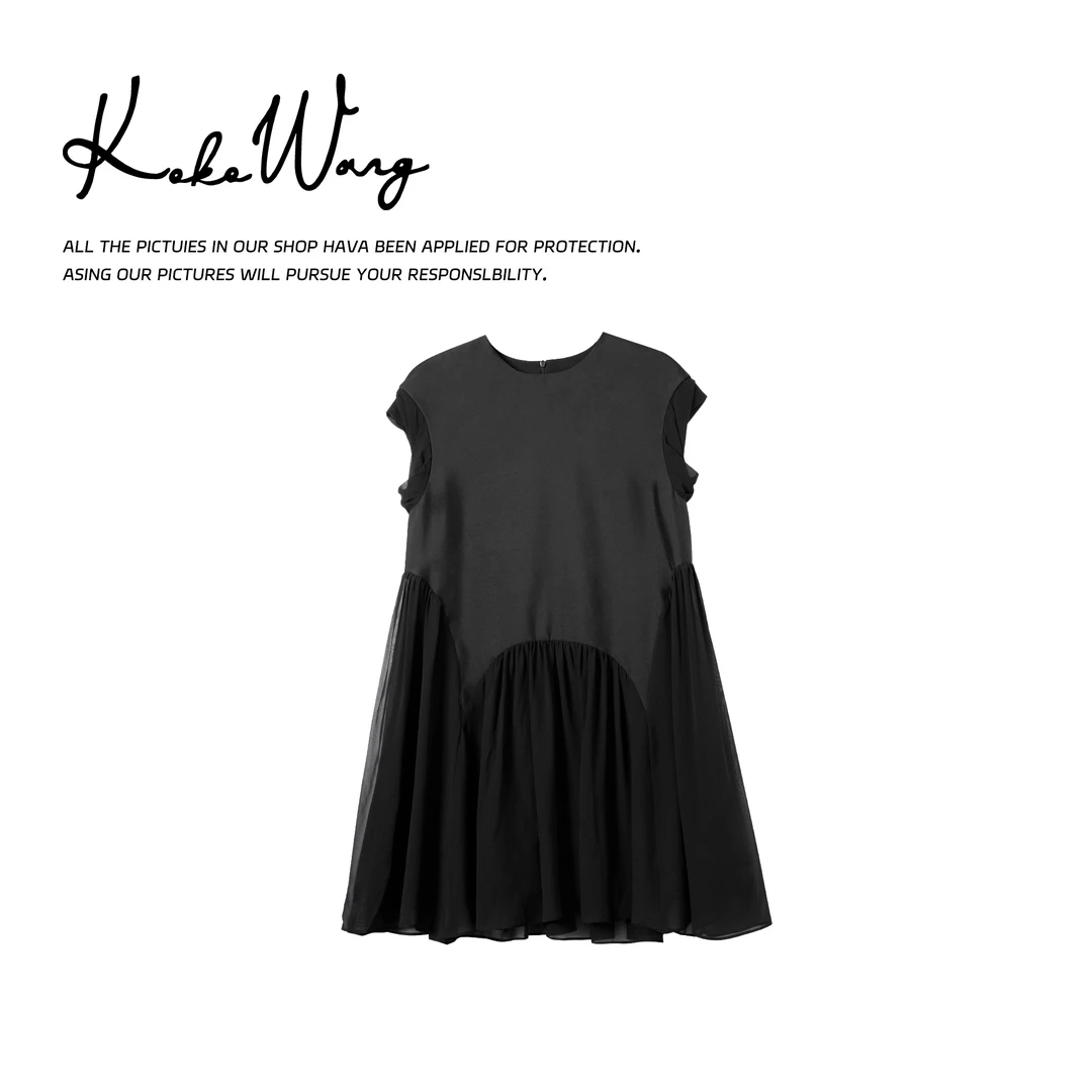 KOKO WANG夏季时尚设计师桑蚕丝简约拼接百搭连衣裙535705E02Q42