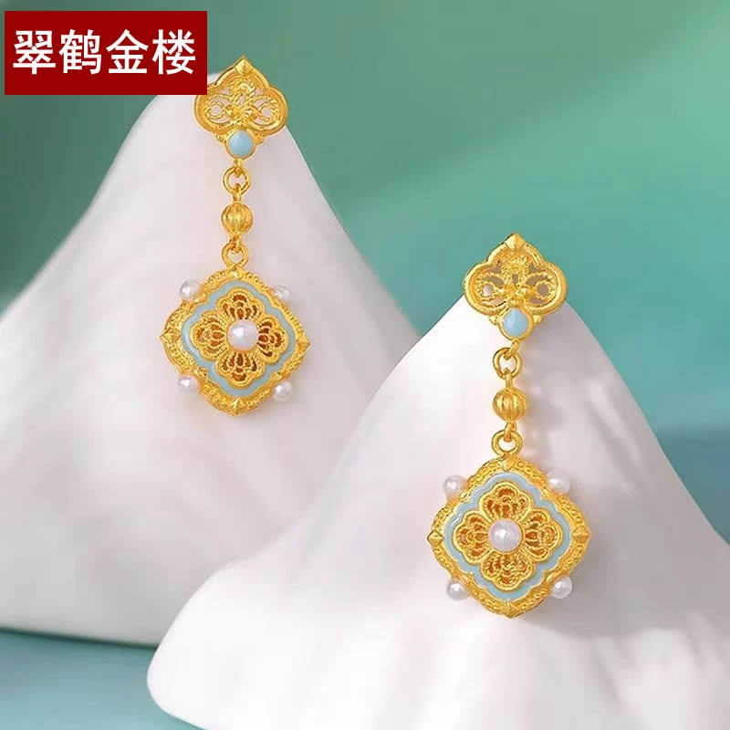 翠鹤金楼黄金耳饰女足金999四合如意宋韵耳钉珐琅彩送女朋友