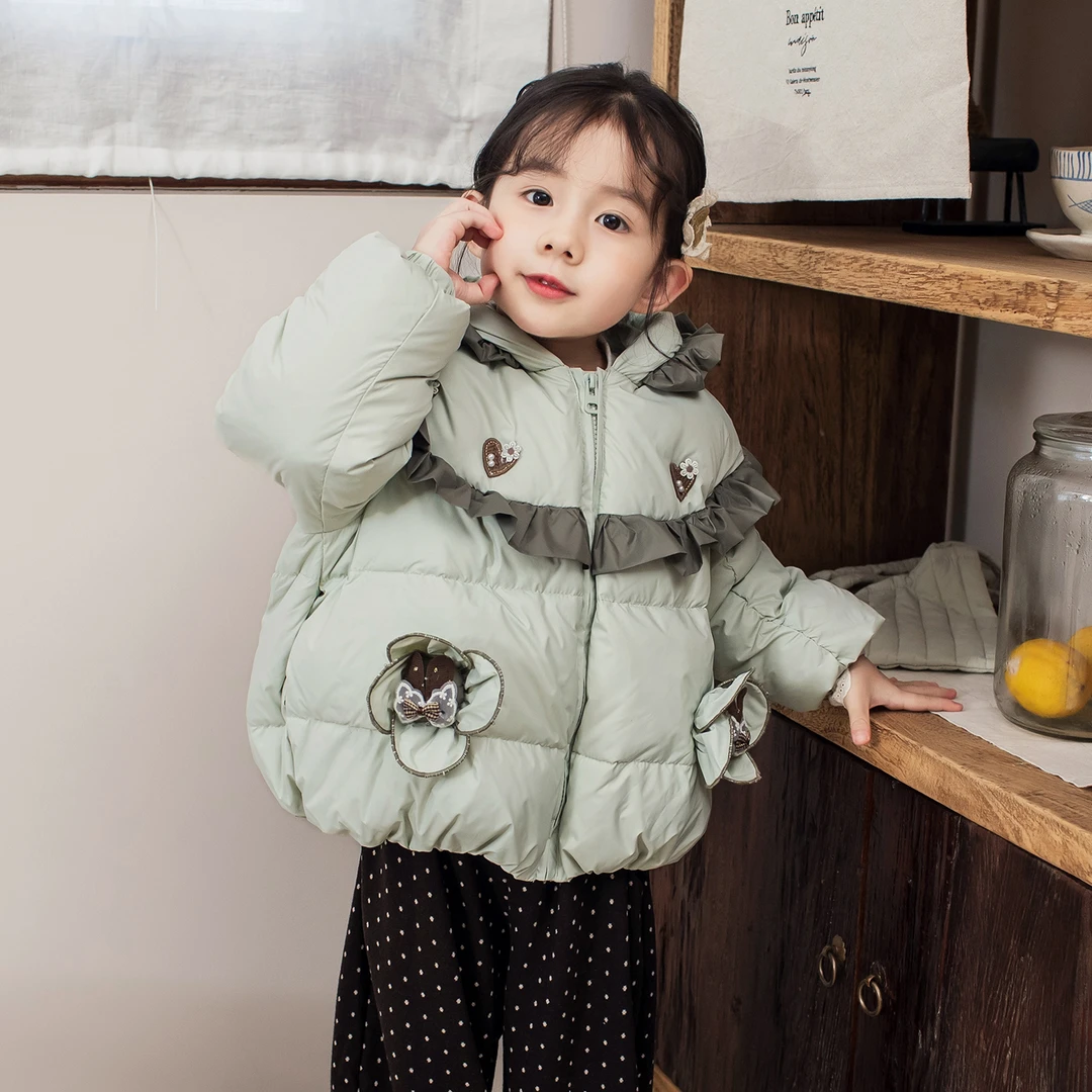 韩版中小童女童拉链休闲风加厚连帽羽绒服外套冬季